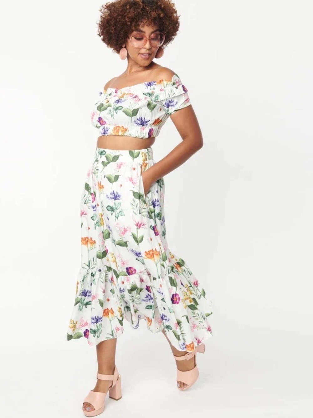 White Garden Floral Print Midi Skirt by Unique Vintage